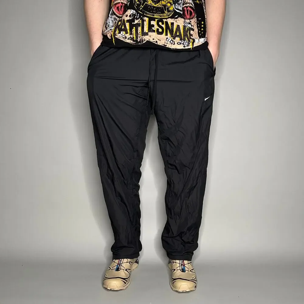 Nike Track Pants Black Polyester Sweatpants White Swoosh Ankle Zippers to Flare_2
